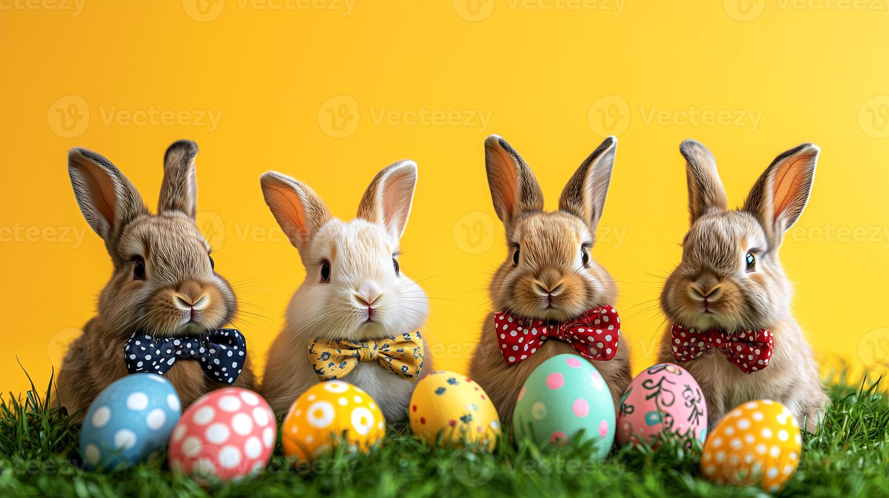 Four colorful Easter bunnies with bow ties and vibrant eggs on green grass, festive Paschal joy on yellow background photo