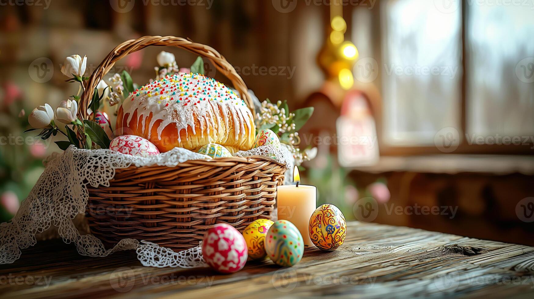 Easter Basket with Kulich, Painted Eggs, and Candle on a Wooden Table photo