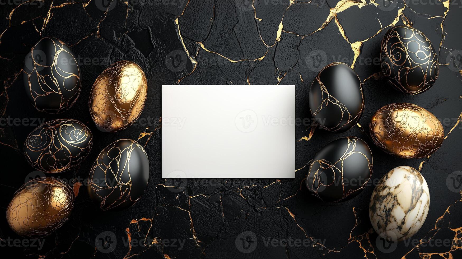 Luxury black and gold Easter eggs with blank card on cracked black marble background, elegant setup photo