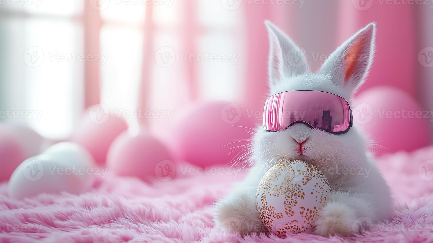 Stylish Easter bunny wearing sunglasses and holding a decorative egg on a pink fluffy rug photo