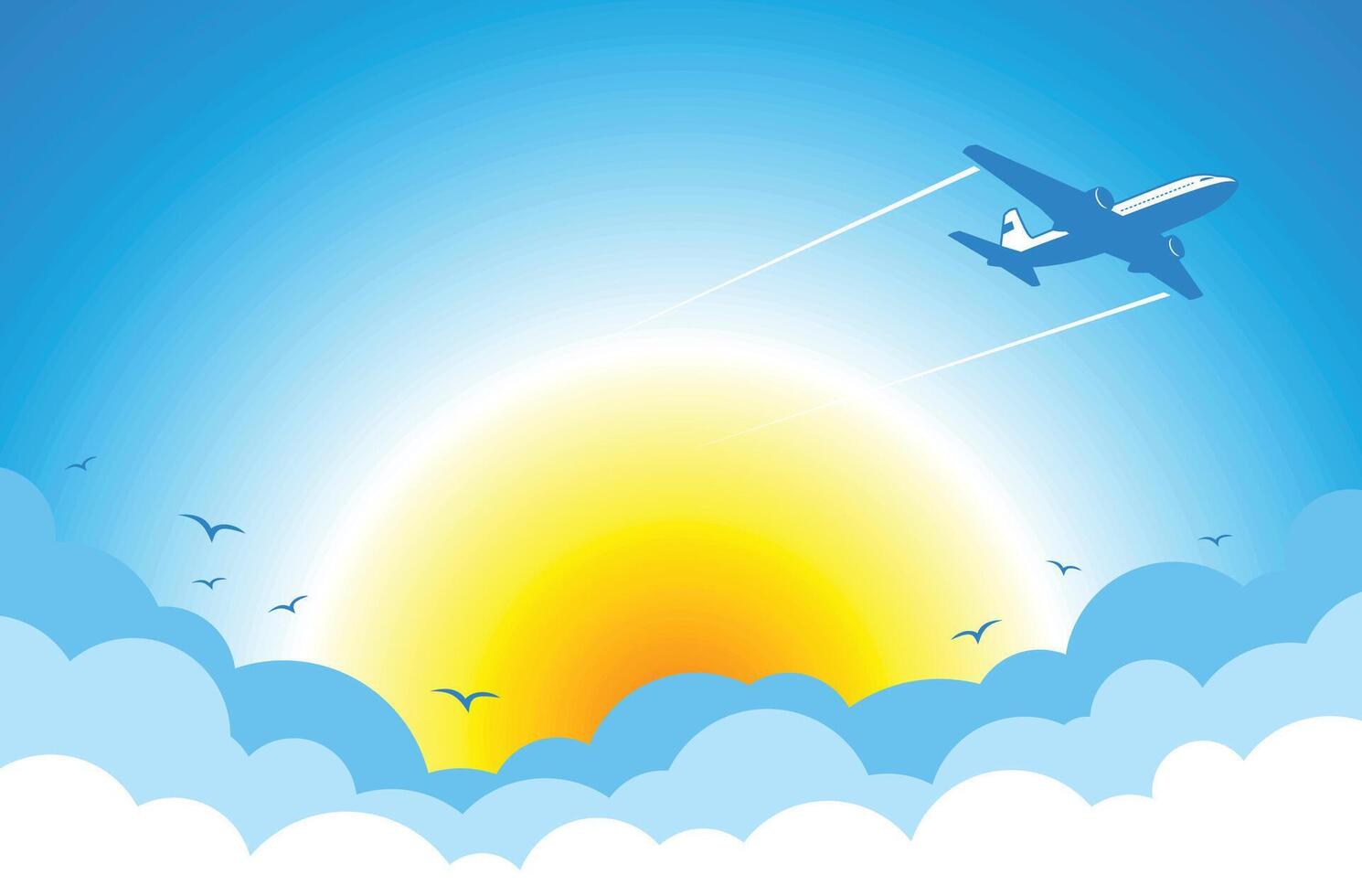 airplane in blue sky near the sun vector