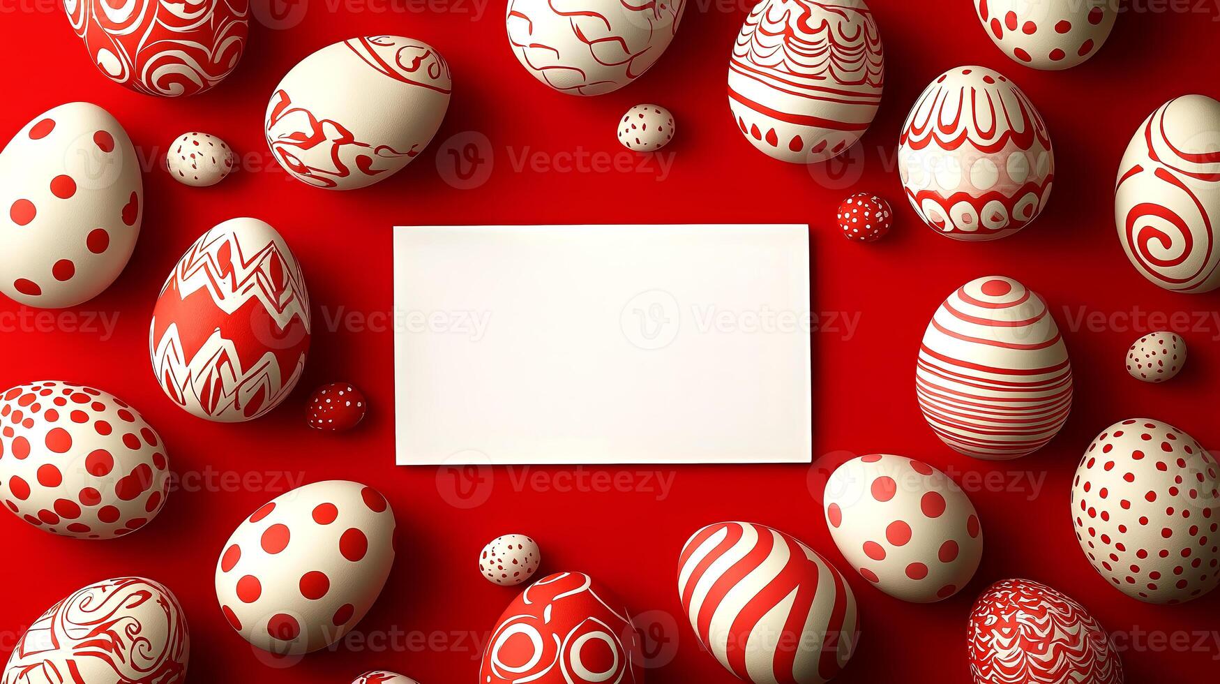 Red and white Easter eggs with intricate patterns and blank card on a vibrant red background photo