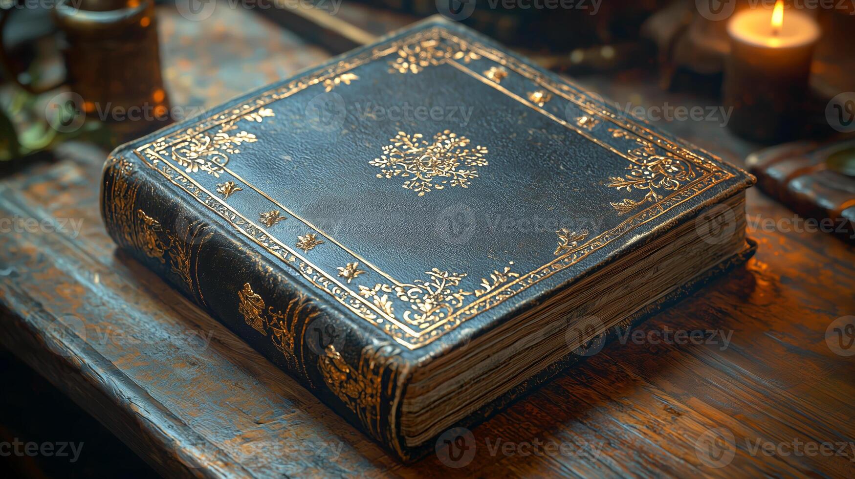 Antique leather-bound book with gold embossing on a rustic wooden table photo
