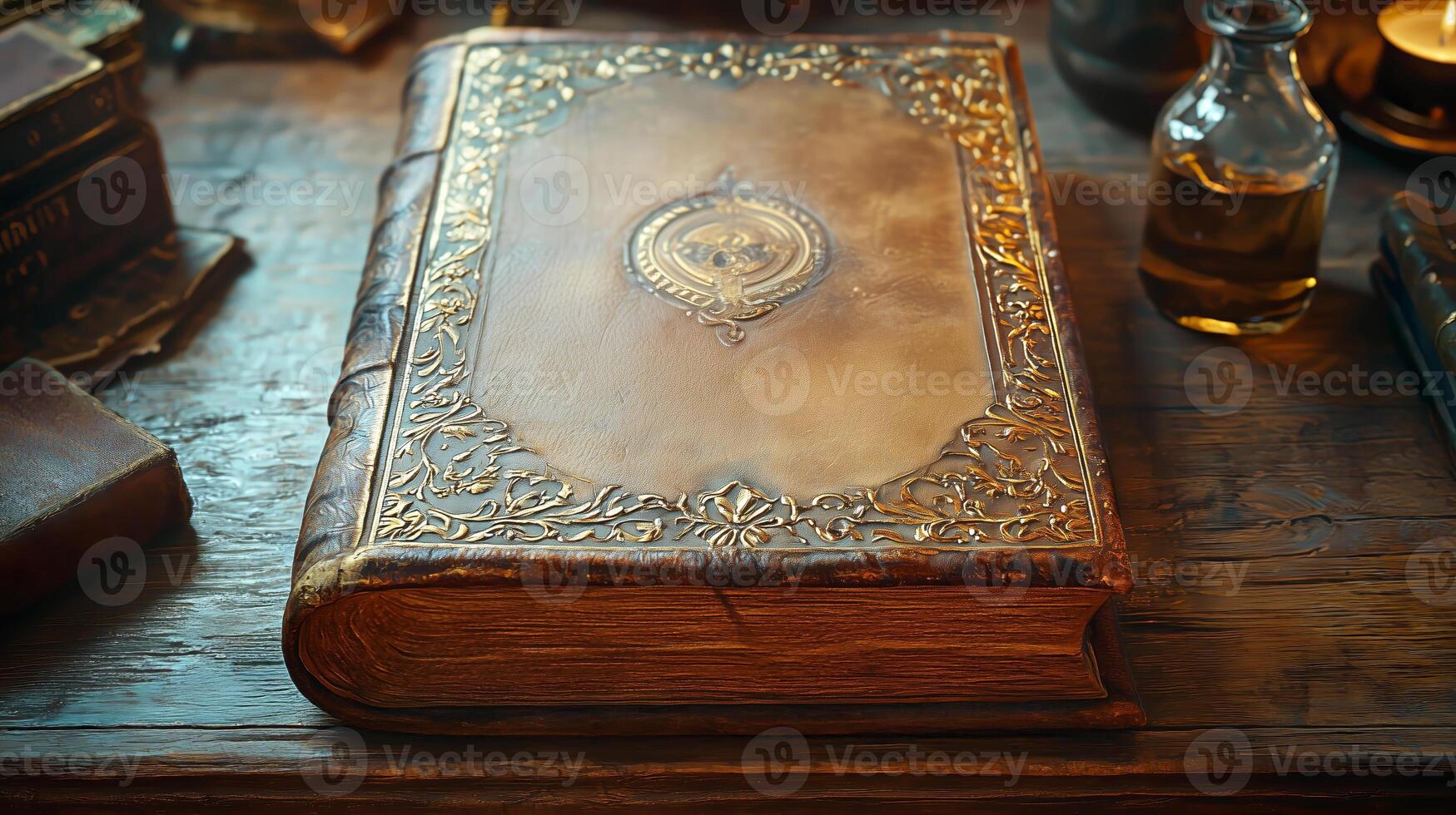 Ornate antique book with golden embossing on a rustic wooden table photo