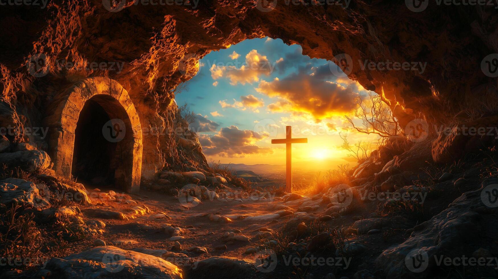 Ancient empty tomb with an arched entrance at sunrise, symbolizing the resurrection of Jesus Christ photo