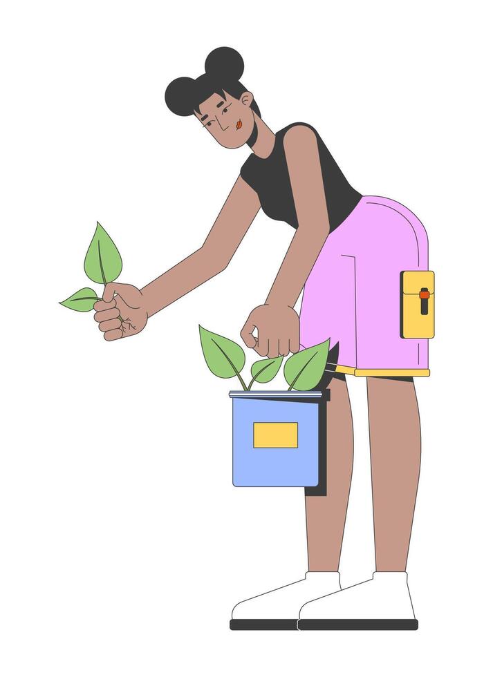 African american woman planting seedlings from bucket 2D cartoon character. Gardening hobby reforestation. Black female gardener volunteer flat person isolated on white. Spot illustration vector