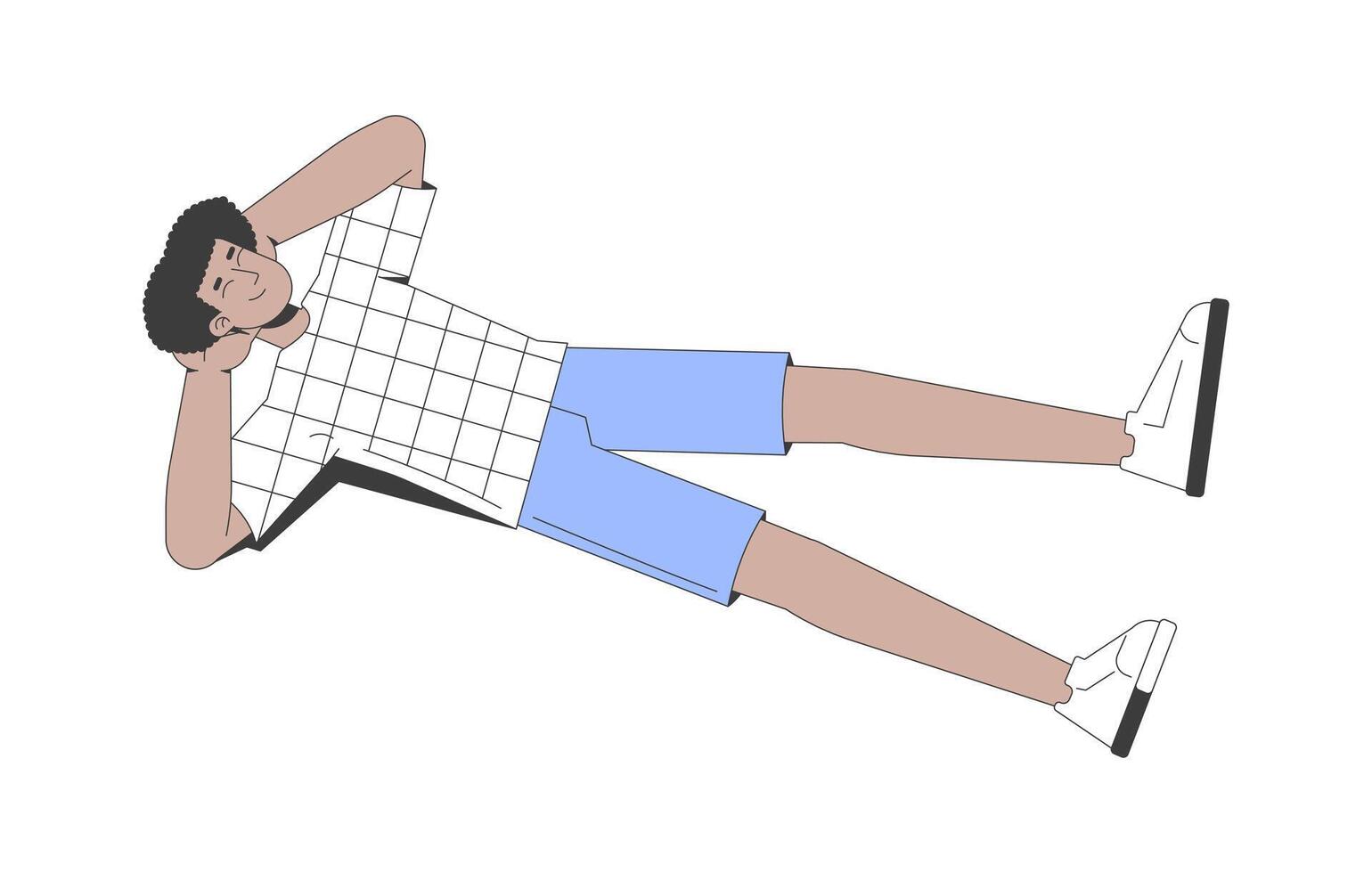 Young hispanic man in checkered tshirt lying on back with hands behind head 2D cartoon character. Carefree latino guy relaxed pose flat person isolated on white. Spot illustration colorful vector