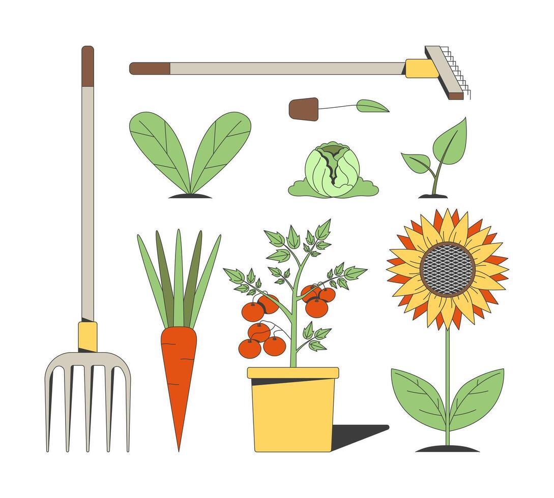 Gardening tools, vegetables and plants 2D cartoon object. Pitchfork, rake, sunflower, cabbage, carrot and cherry tomatoes pot isolated element flat clip art on white. Spot illustration vector