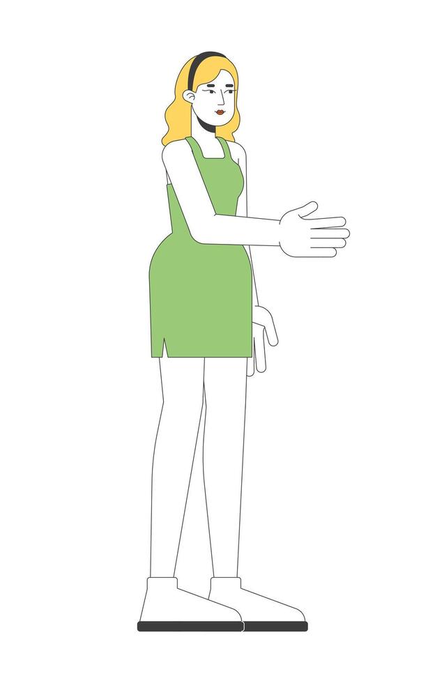 Blonde woman in green dress extending hand for handshake 2D cartoon character. Caucasian girl welcoming and friendly greeting gesture flat person isolated on white. Spot illustration colorful vector