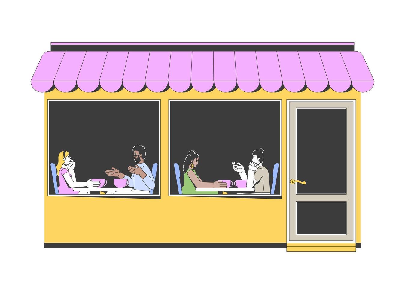 Awning cafe exterior showing customers sitting at tables inside 2D cartoon characters. Coffeeshop. Coffee shop diverse people talking isolated element flat clip art on white. Spot illustration vector