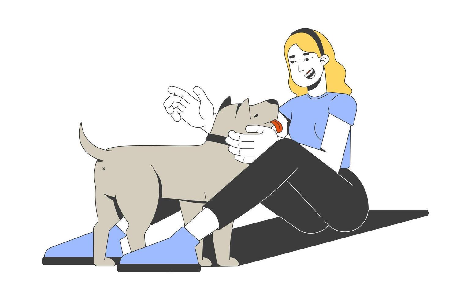 Smiling blonde woman sitting on ground, petting friendly dog 2D cartoon character. Caucasian girl enjoying joyful moment with pet flat person isolated on white. Spot illustration colorful vector