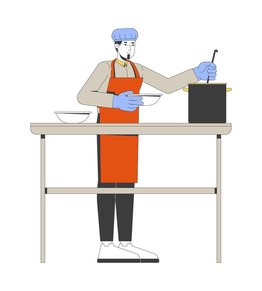Male volunteer chef preparing and serving food 2D cartoon character. Caucasian man in apron and gloves, stirring pot, holding bowl flat person isolated on white. Spot illustration colorful vector