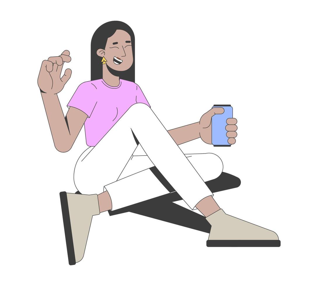 Relaxed middle eastern woman enjoying drink 2D cartoon character. Brunette female holding beverage can while laughing happily flat person isolated on white. Spot illustration colorful vector