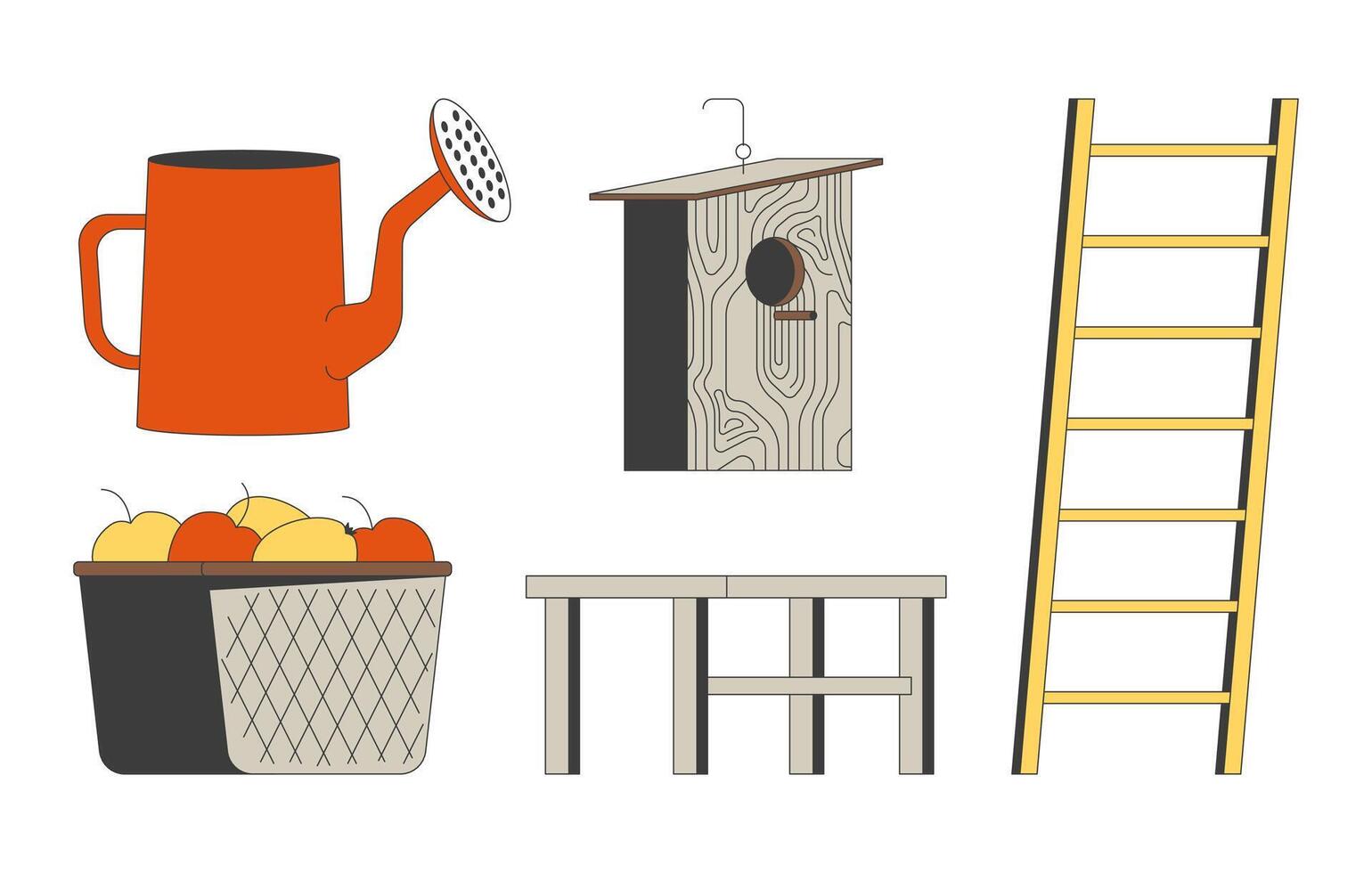 Gardening and farming essentials 2D cartoon objects set. Watering can, birdhouse, apples basket, ladder, table. Supplies isolated elements flat clip arts on white. Spot illustrations collection vector