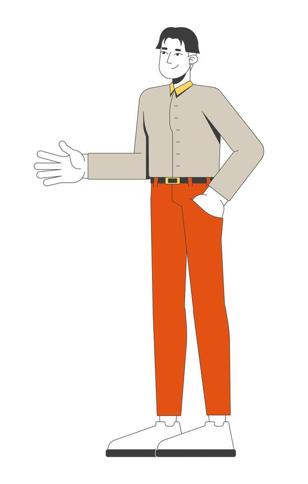 Korean man in business casual attire extending hand for greeting 2D cartoon character. Confidence, friendliness, welcoming personality flat person isolated on white. Spot illustration colorful vector