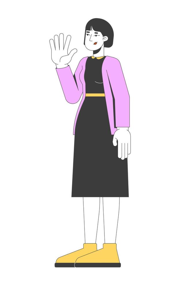 Korean woman in black dress cardigan waving with confident expression 2D cartoon character. Friendly greeting, asian female casual chic flat person isolated on white. Spot illustration colorful vector