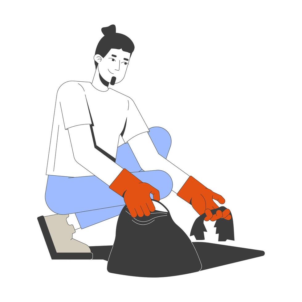 Caucasian bearded man with bun hairstyle cleaning up litter 2D cartoon character. Male volunteer picking up trash while wearing gloves flat person isolated on white. Spot illustration colorful vector