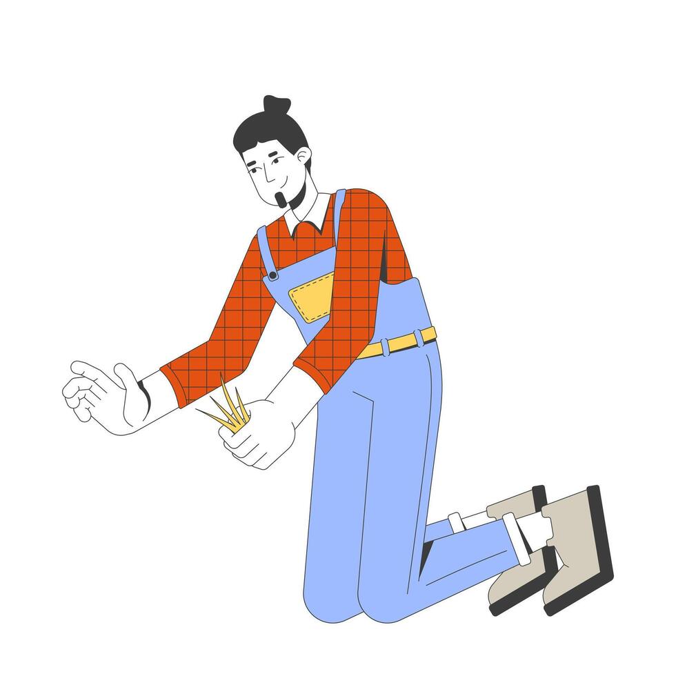 Male farmer kneeling and weeding garden 2D cartoon character. Countryman in overalls and plaid shirt, agriculturalist removing weeds flat person isolated on white. Spot illustration colorful vector