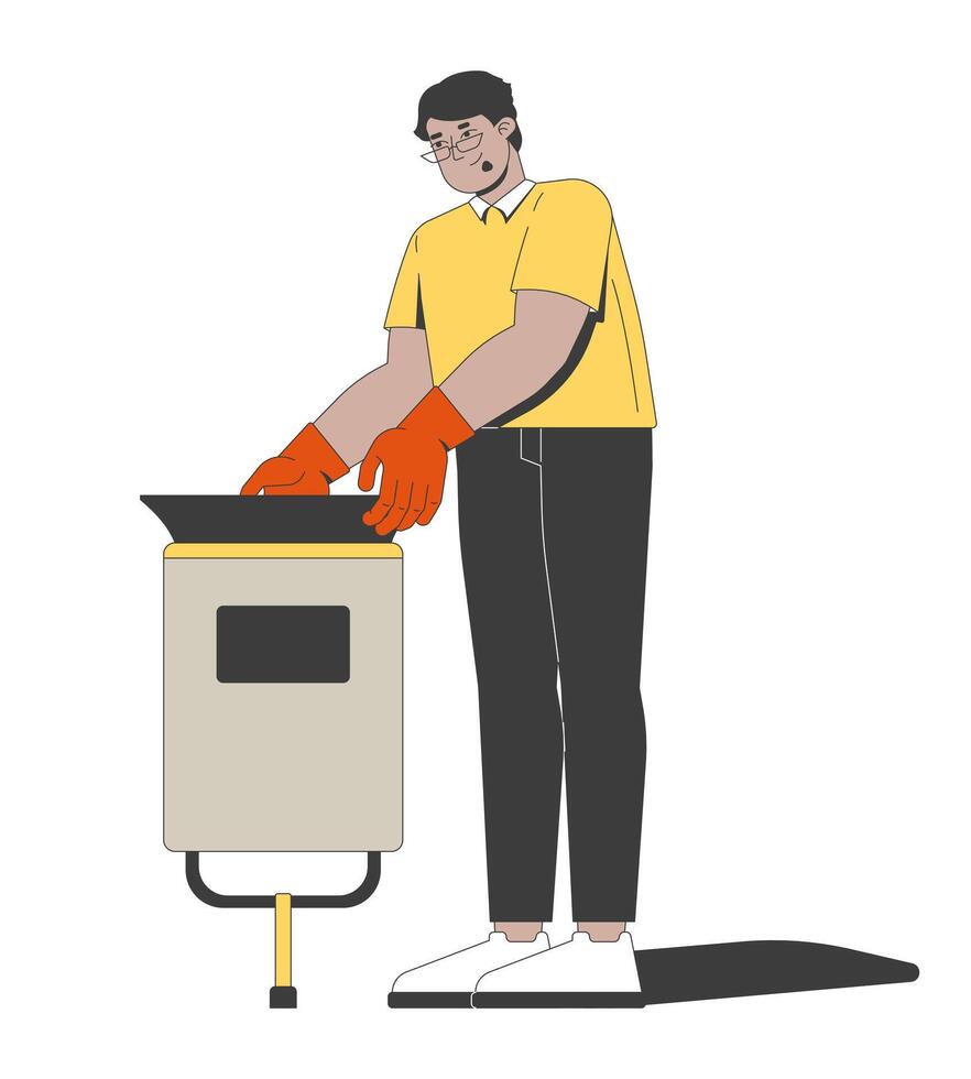 Arab man in gloves removing trash bag from waste bin 2D cartoon character. Cleanup duty, garbage handling. Sanitation worker male flat person isolated on white. Spot illustration colorful vector