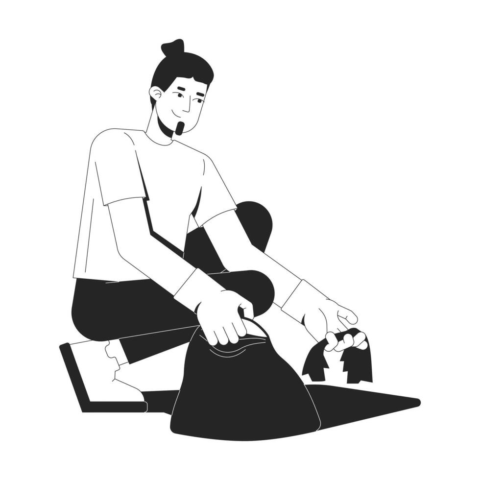 Caucasian bearded man with bun hairstyle cleaning up litter 2D line character. Male volunteer picking up trash while wearing gloves isolated ink outline person. Monochromatic spot illustration vector
