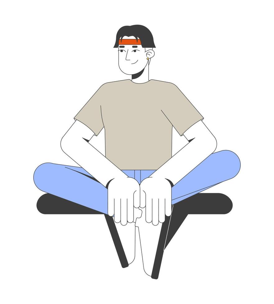 Young asian man sitting cross-legged with calm expression smiling 2D cartoon character. Korean guy wearing headband casual crosslegged flat person isolated on white. Spot illustration colorful vector