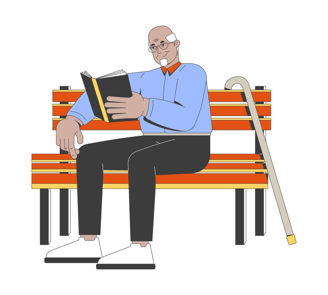 Elderly man enjoying book on park bench 2D cartoon character. Retirement life. Arab male senior with glasses and cane reading flat person isolated on white. Spot illustration colorful vector