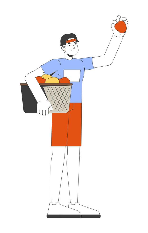 Young korean man holding basket of freshly picked apples 2D cartoon character. Organic farming. Asian guy harvesting fruits flat person isolated on white. Spot illustration colorful vector