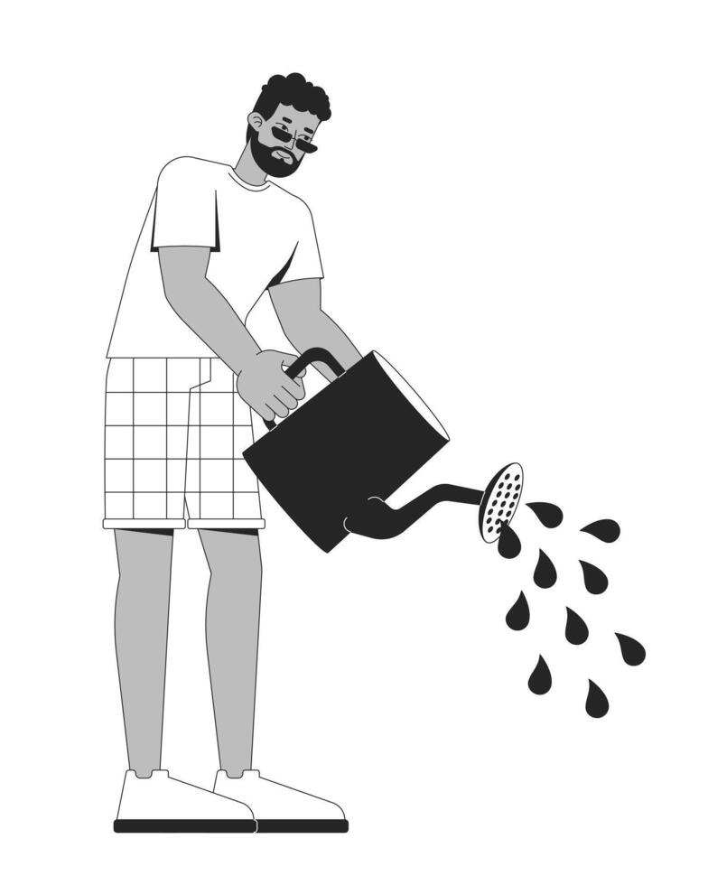African american man irrigating plants with watering can 2D line character. Gardening. Black guy in casual summer clothes isolated ink outline person. Monochromatic spot illustration vector