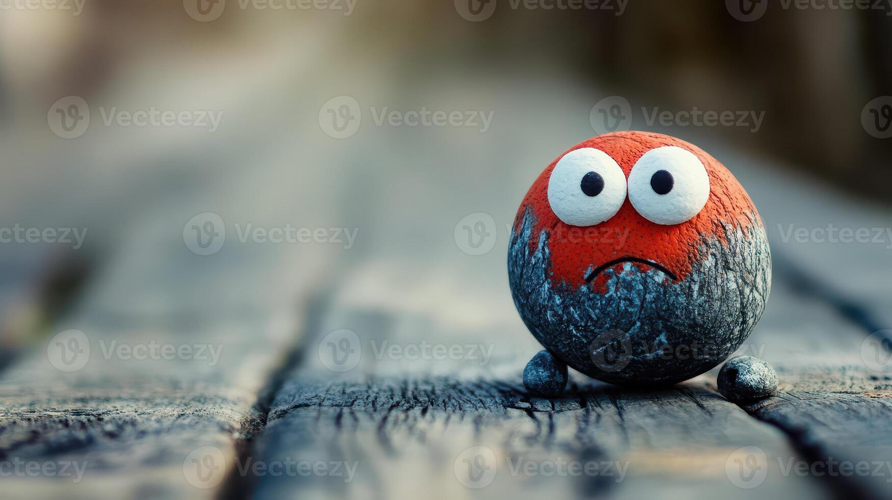 A sad rock sitting on a wooden floor photo