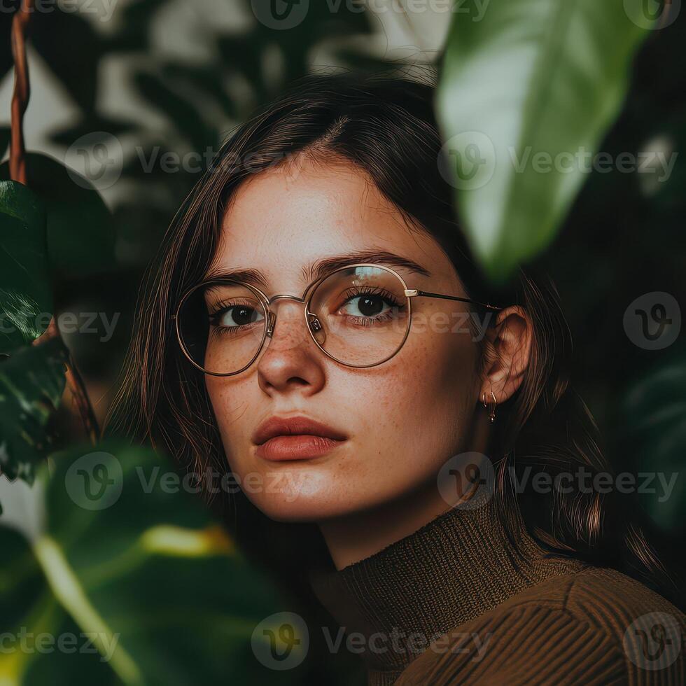 A woman wearing glasses in front of plants photo