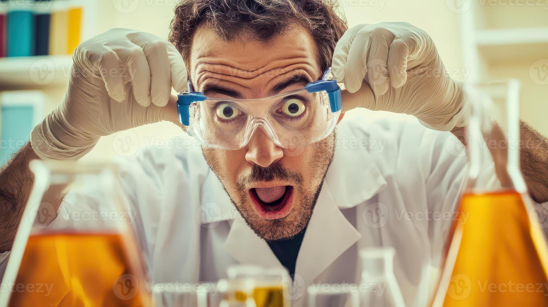A man in a lab coat is holding a test tube photo