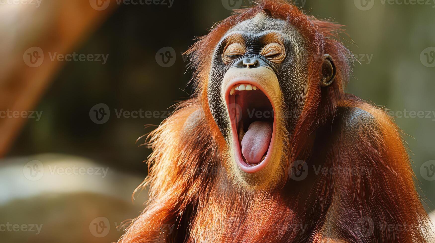 An oranguel monkey yawning with its mouth open photo