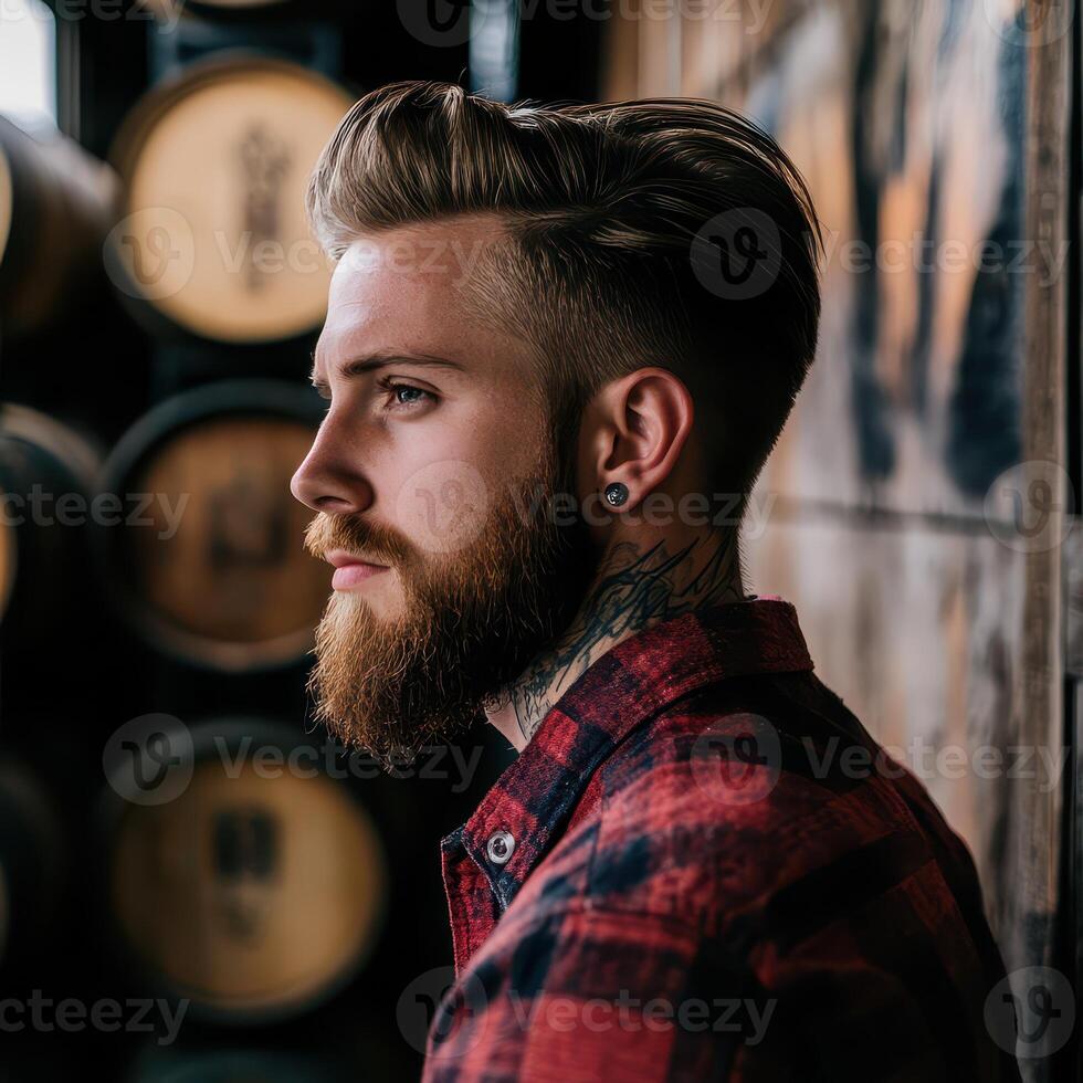 A man with a beard and tattoos standing in front of barrels photo