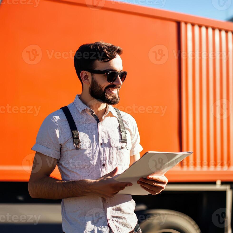 A man in a tie and glasses holding a clipboard photo