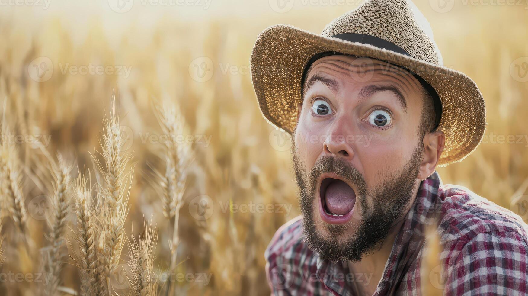 A man in a hat is looking surprised in a field photo