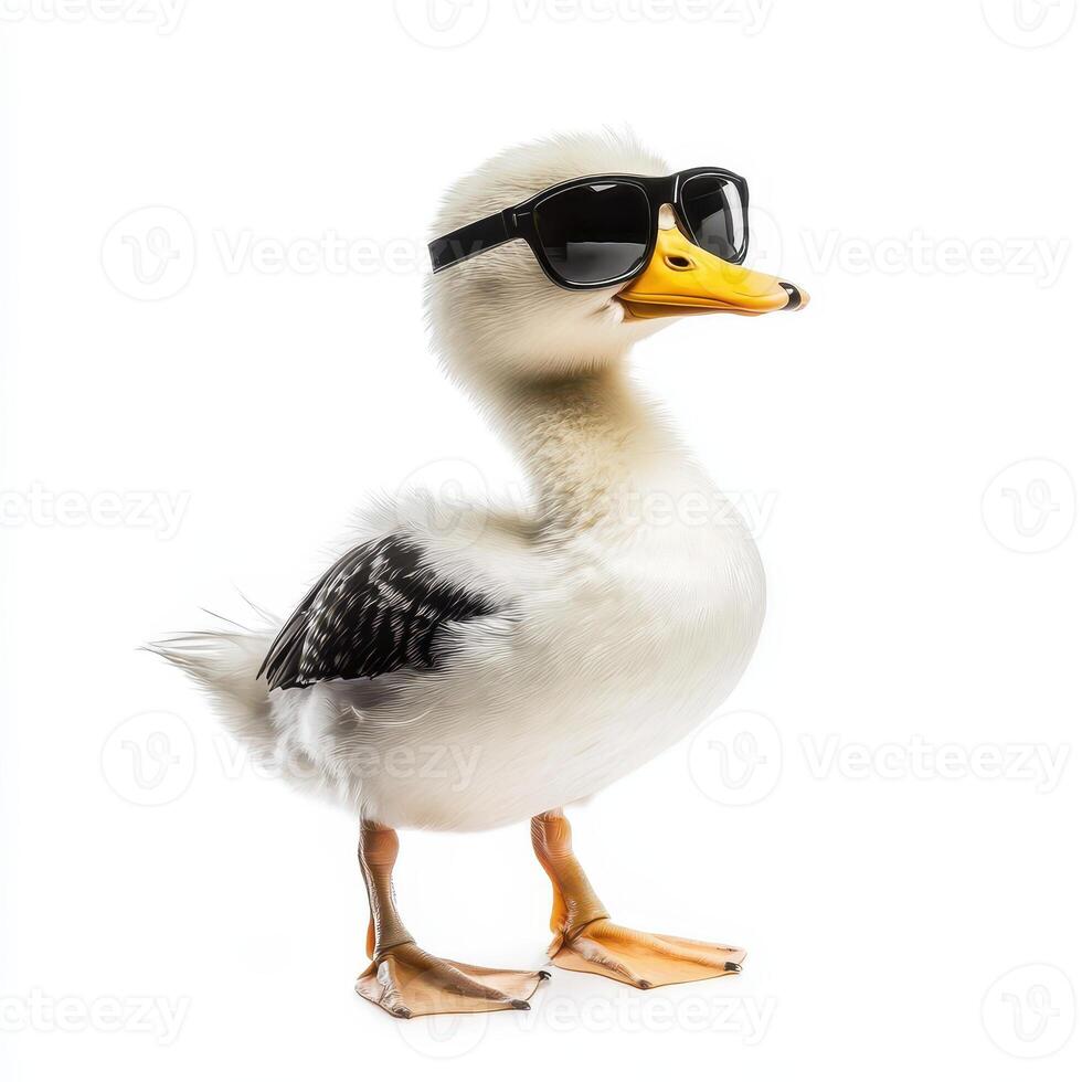 A duck wearing sunglasses on a white background photo