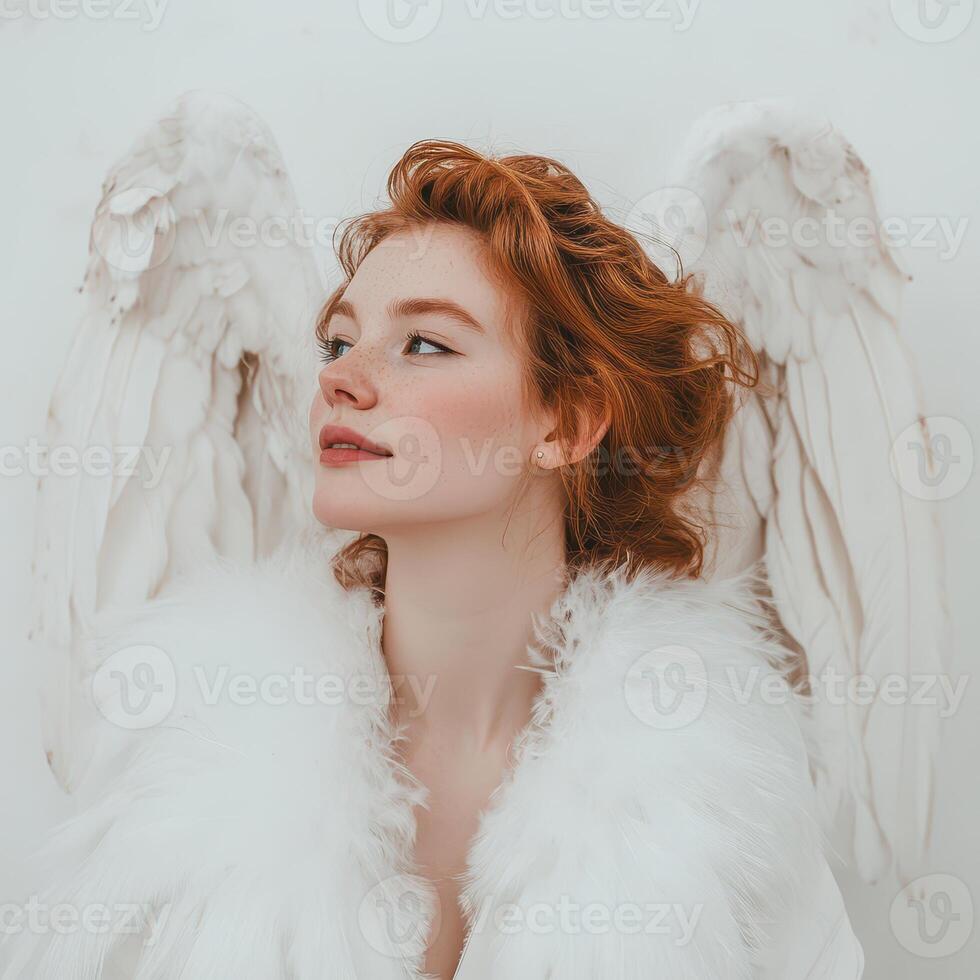A woman with red hair and white wings photo