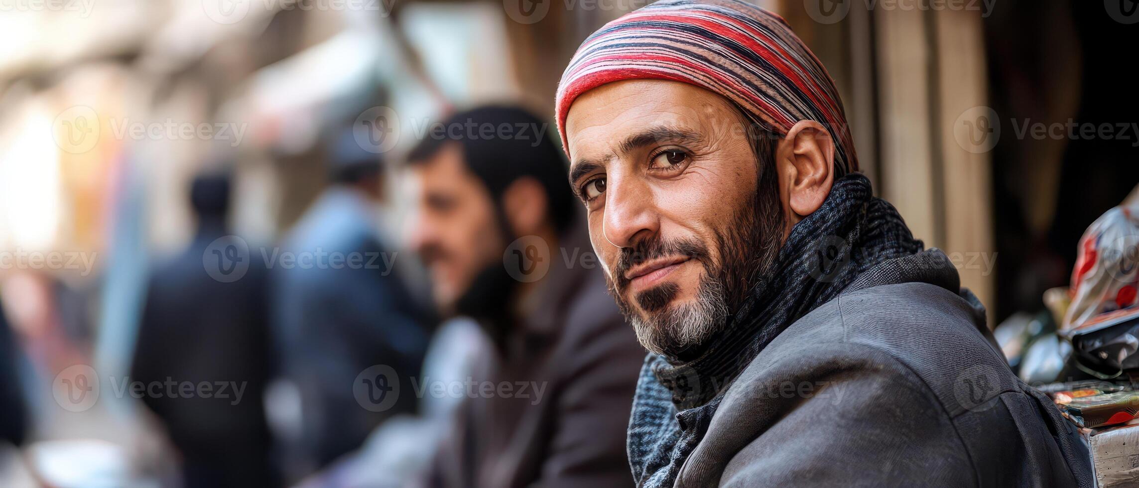 A man with a red hat and scarf sitting in a market photo