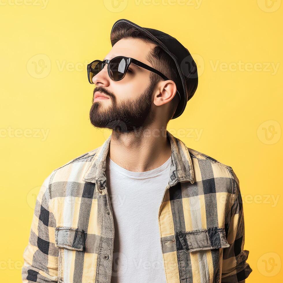 A bearded man wearing a hat and sunglasses on a yellow background photo