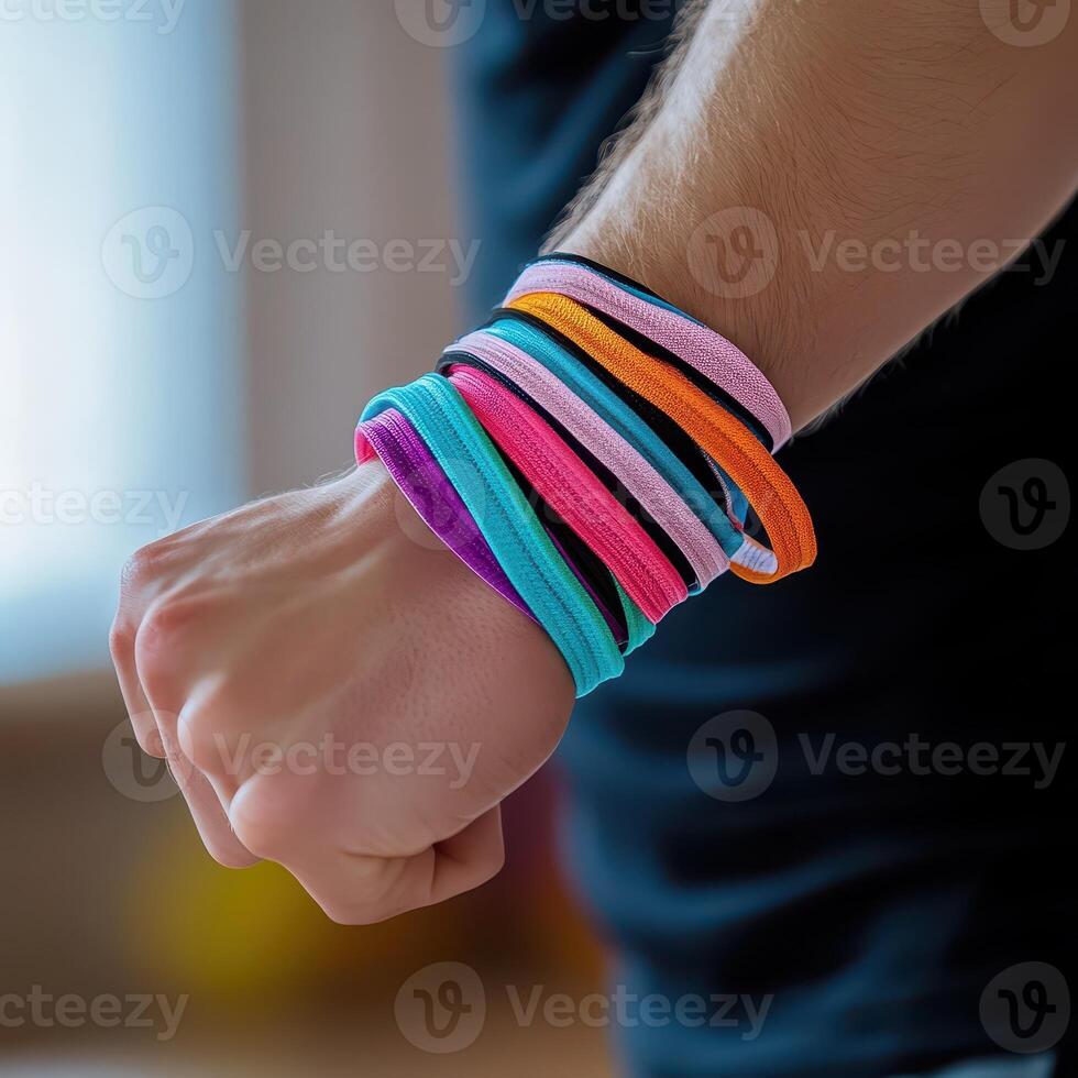 A man wearing a bracelet with many different colored bands photo