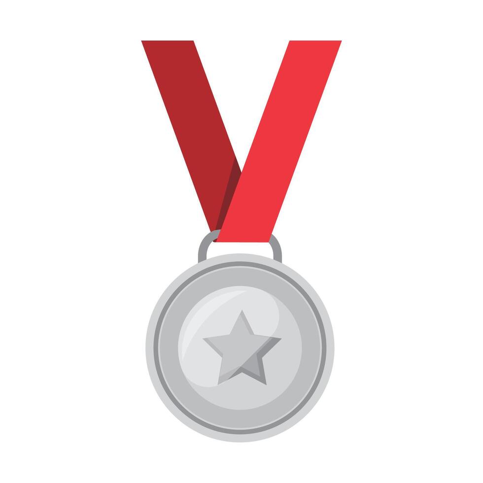 Silver medallion achievement metallic winning sign icon flat vector