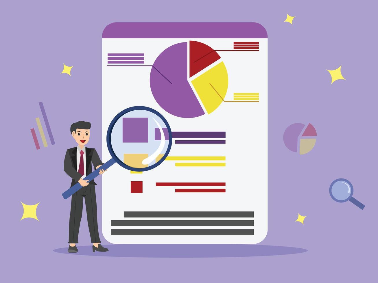 Businessman Insights Analyzing Market Trends with Pie Charts and Reports. vector