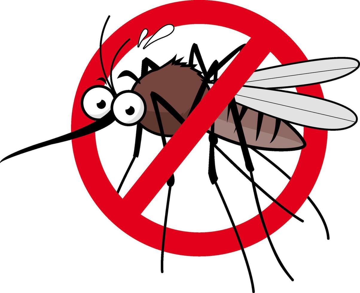 Cartoon mosquito bug character for insecticide repellent sign. Funny gnat insect mascot. Cartoon mosquito and prohibition sign. vector