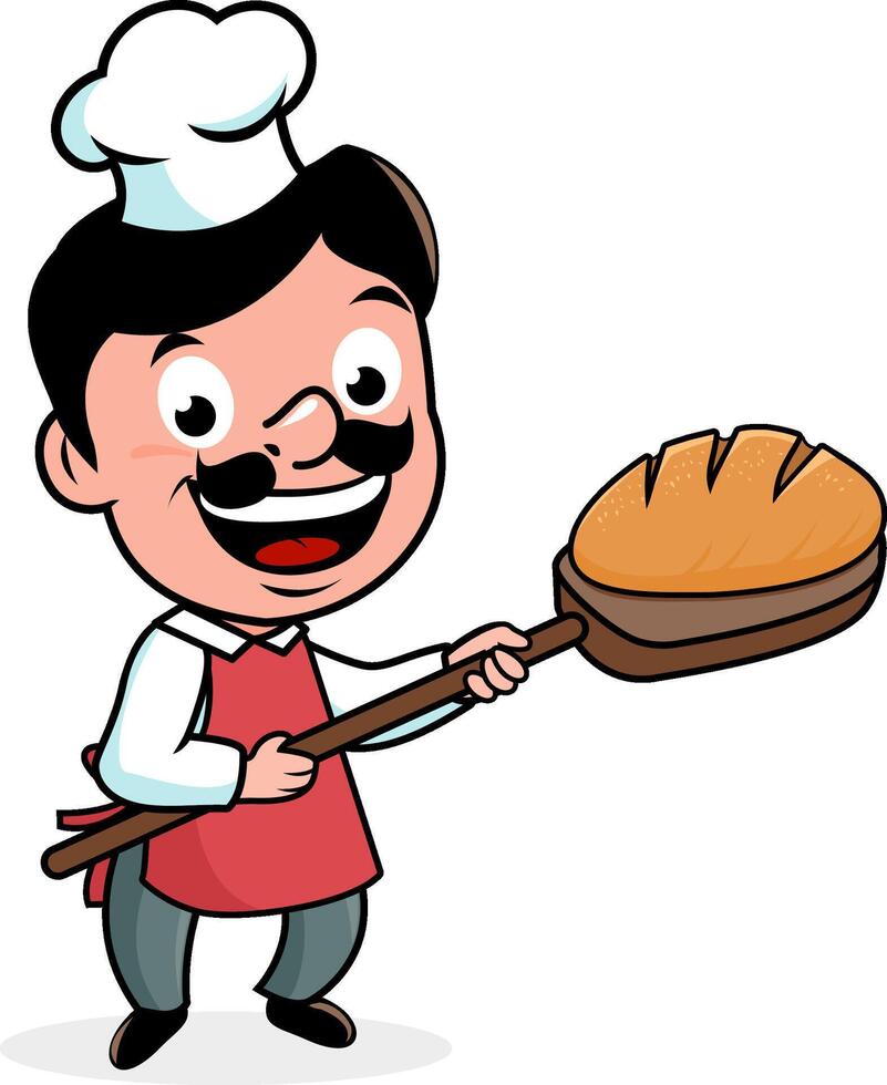 Cartoon baker man with loaf of freshly baked bread. Professional chef at bakery shop food market with fresh baked baguette bread. vector