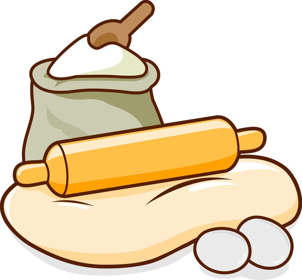 Bread, cake or pizza dough baking ingredients. A rolling pin rolling out dough, flour and eggs. Bakery and kitchen homemade pastry. vector