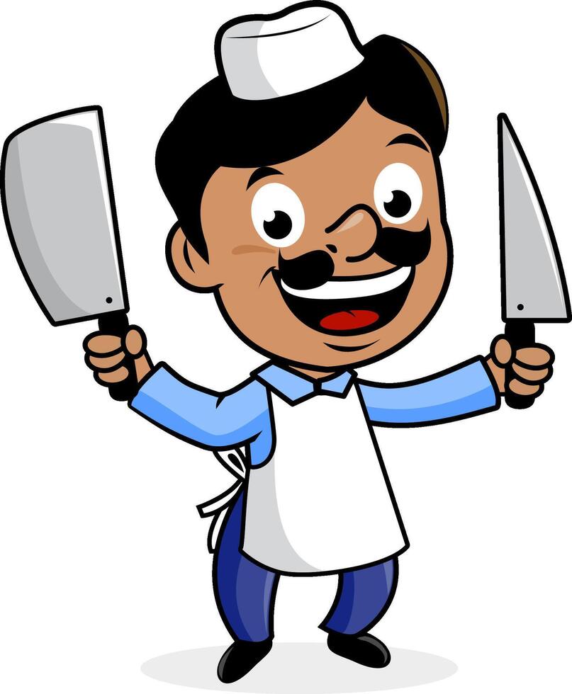 Cartoon butcher holding a knife and a cleaver. Butchery market shop worker with cutting tools for meat. vector