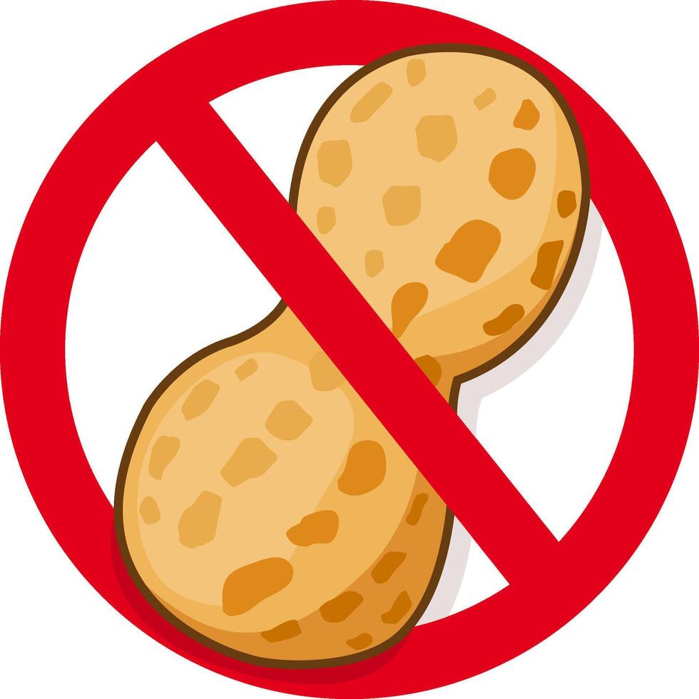 Peanut in red prohibition sign promoting peanut free food for allergy. No peanuts in food. vector