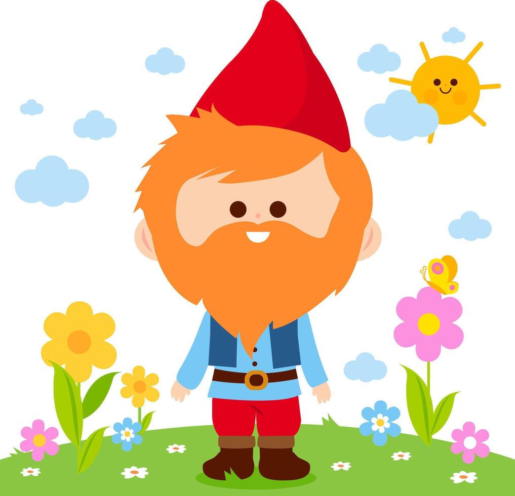 Cute garden gnome in a beautiful garden with flowers in springtime. Happy little dwarf character. Funny garden decoration gnome with red hat. vector