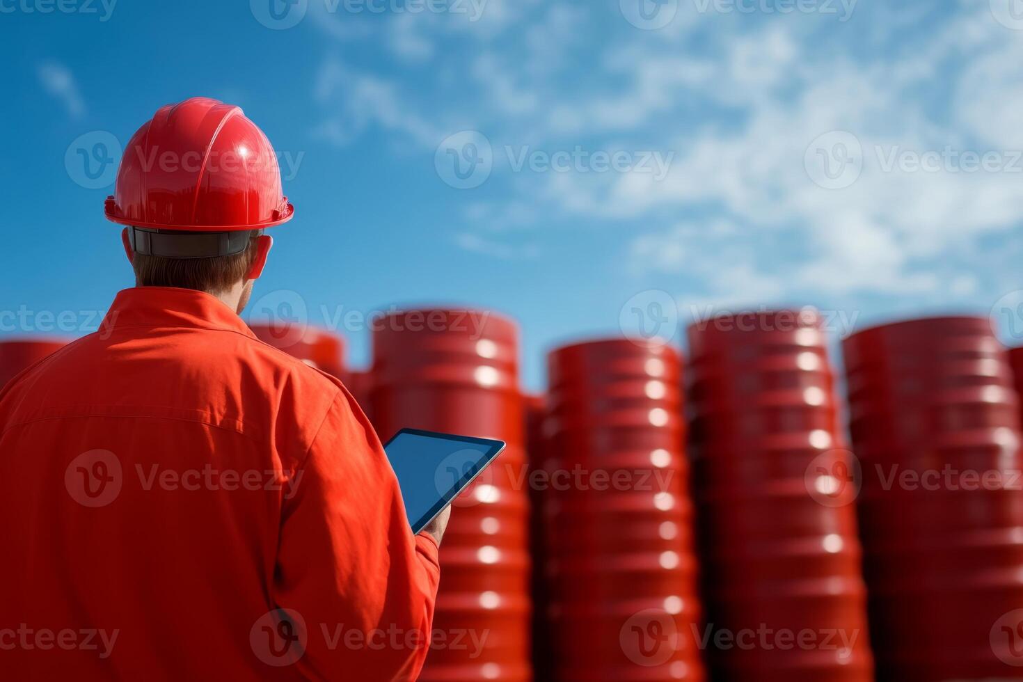Worker in safety gear checks inventory near red storage barrels in a clear sky environment photo