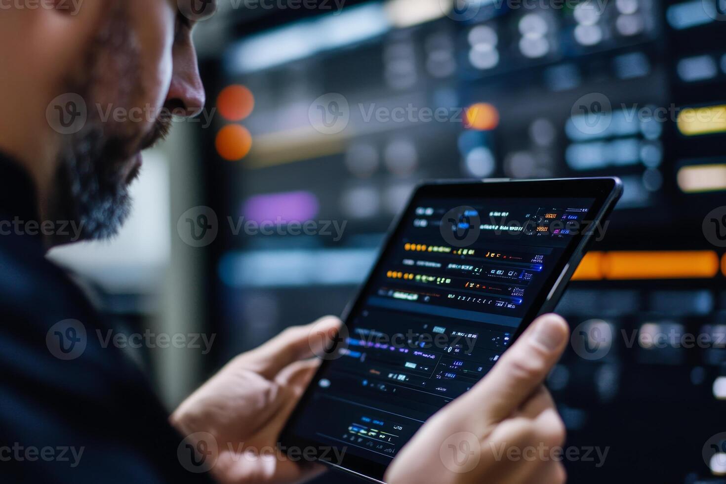 Person using a tablet to analyze data on digital interface in a modern workspace during evening hours photo